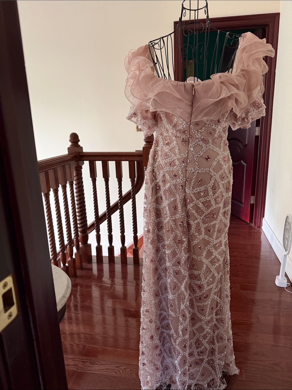 Blush Pink Beaded Off-Shoulder Evening Gown